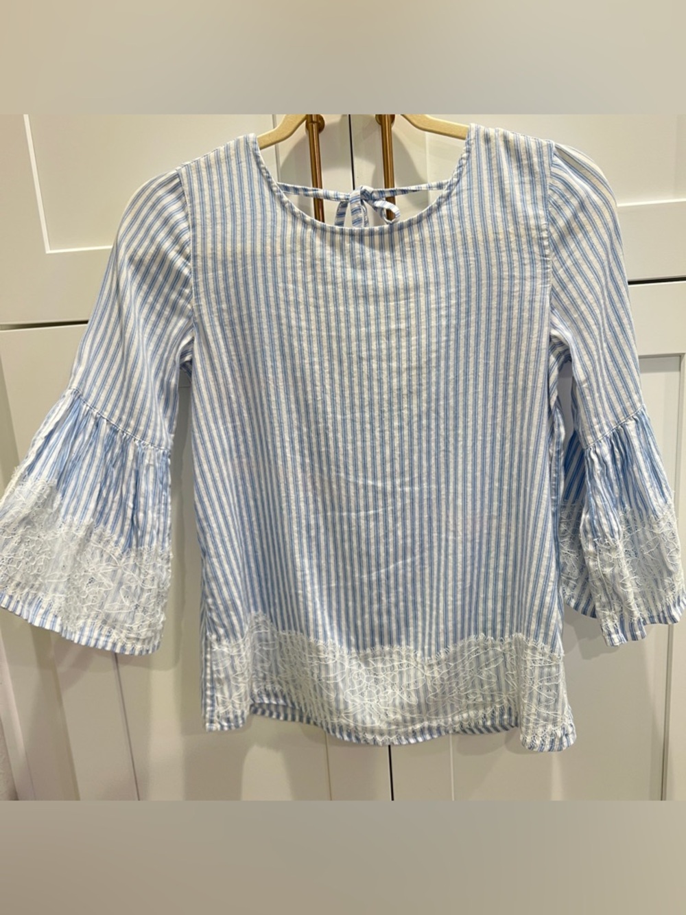Blue Rain Blue White Striped Lace Long Sleeve Top Blouse XXS